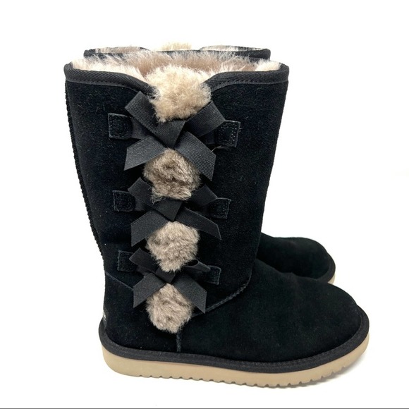 Koolaburra by Ugg Black Bow Sheep Skin Leather Mid Shaft Boots - Picture 1 of 10